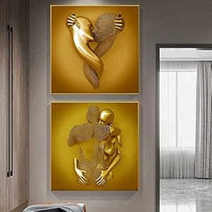Moderne wanddecoratie 2 stuks, abstracte staaldraad metalen figuur sculptuur paar opknoping schilderij HD print canvas…