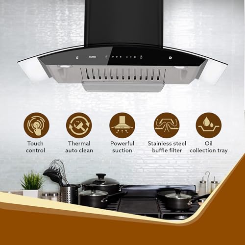 Image of AGARO Grand Kitchen Chimney 90 cm 1200 m3 /hr Auto-Clean curved glass Kitchen Hood, SS Baffle Filter, Touch and Motion Sensor Control and Digital Display, Black