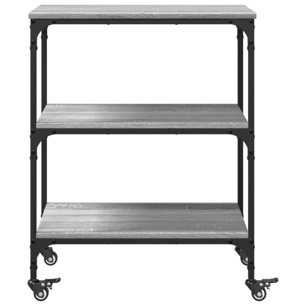 Carrello da cucina grigio Sonoma, 60 x 41 x 76 cm, in legno con telaio in acciaio e 4 ruote, carrello da portata con vano portaoggetti, ripiano, cassetto, portabottiglie, per cucina e bar