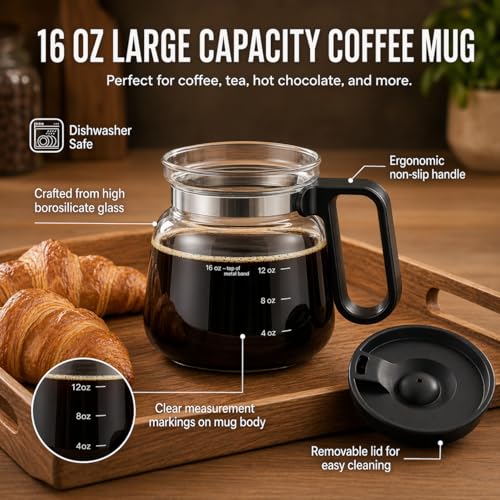 Coffee Pot Mug with Lid, 16oz Glass Mini Coffee Pot Cup, Heat-Resistant Clear Travel Mug, Spill-Resistant Novelty Coffee cup for Office Desk & Coffee Lovers gift - image 2