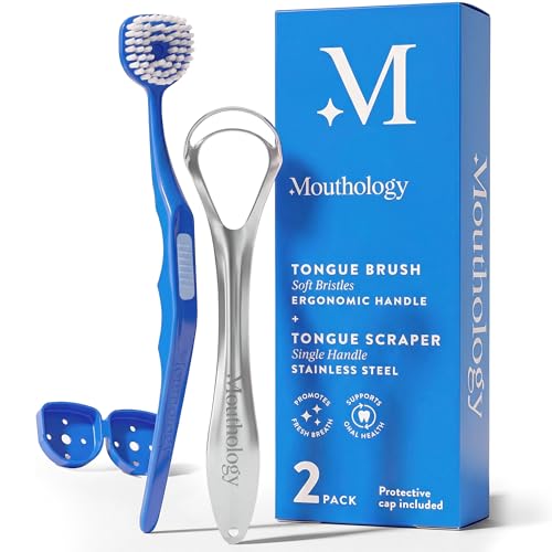 Mouthology Tongue Brush & Tongue Scraper (Combo Pack) Reduce Bad Breath & Improve Oral Hygiene Tongue Scraper Brush for Adults Ergonomic Handle & Protective Cap Tongue Cleaner