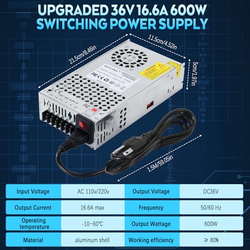 Image of 36V 16.6A 600W DC Switching Power Supply, Universal Transformers AC110V /220V (SMPS), Upgraded Output Port with Power Cord, 36 Volt Power Supply for 3D Printer, CCTV Camera Security System