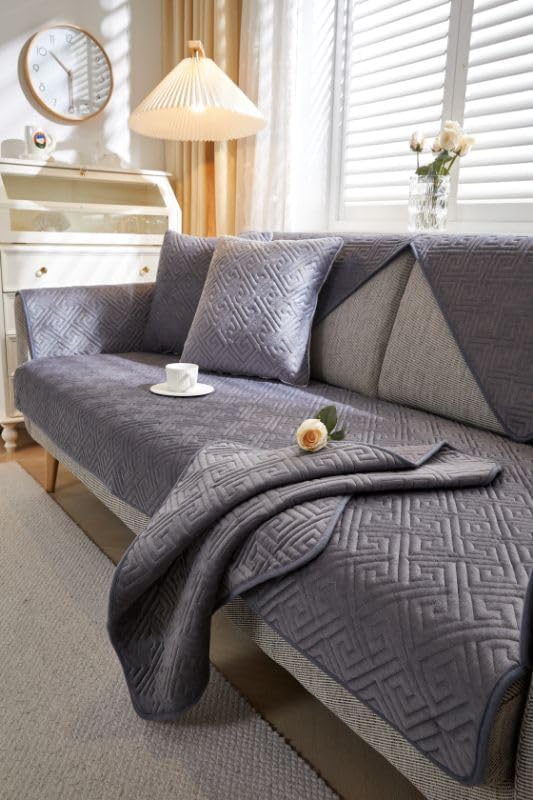Image of HOMETHREADS Innovative Premium Velvet Sofa Cover Mat with PVC Backing for Non-Slip Comfort | (Grey Vrsh, 1Pc Backrest Mat | 70x70cm)