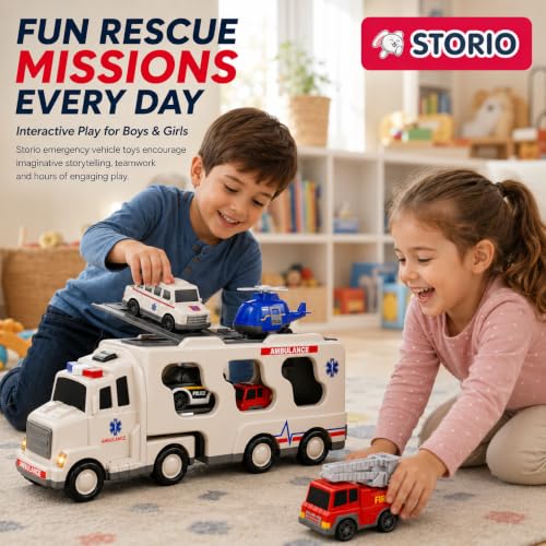 Image of Storio 5 in 1 Ambulance Truck Toy for Kids 3-5 Years Boys Girls | Transport Carrier Vehicle Set with Police Car Fire Truck Helicopter | Friction Powered Light Sound Toys for 3 4 5 6 7 8 9 Years