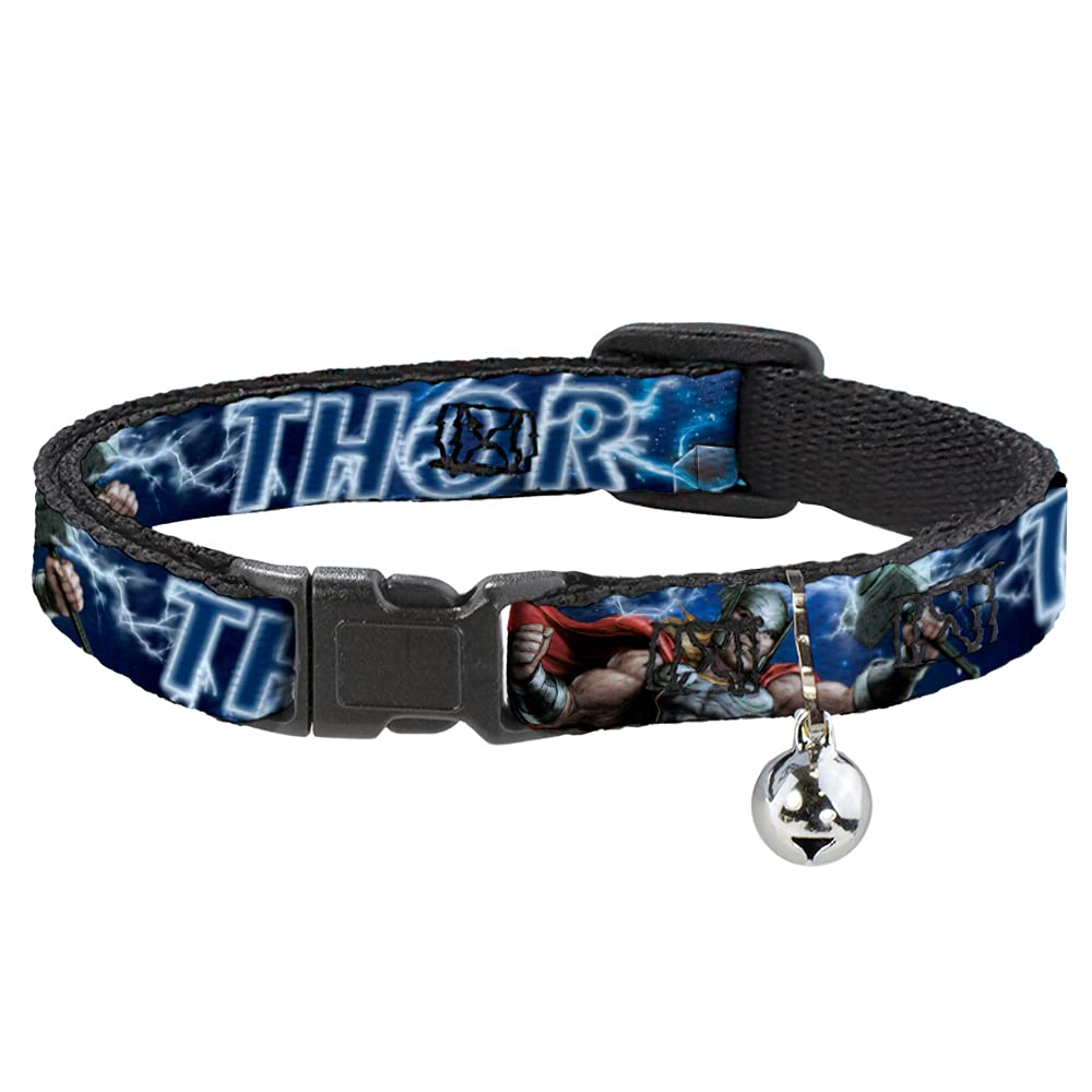 Buckle-Down Cat Collar Breakaway Avengers Thor Hammer Action Pose Galaxy Blues White 8 to 12 Inches 0.5 Inch Wide
