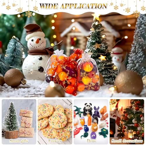 Image of Sukh 100 Christmas Organza Bags 4x6 - White Red Snowflake Organza Bag Drawstring Gift Bag Bulk Party Favor Mesh Bag Goodie Wrap Pouch Candy Jewelry Sachet Bracelet Fruit Protection Bag Holiday Wedding