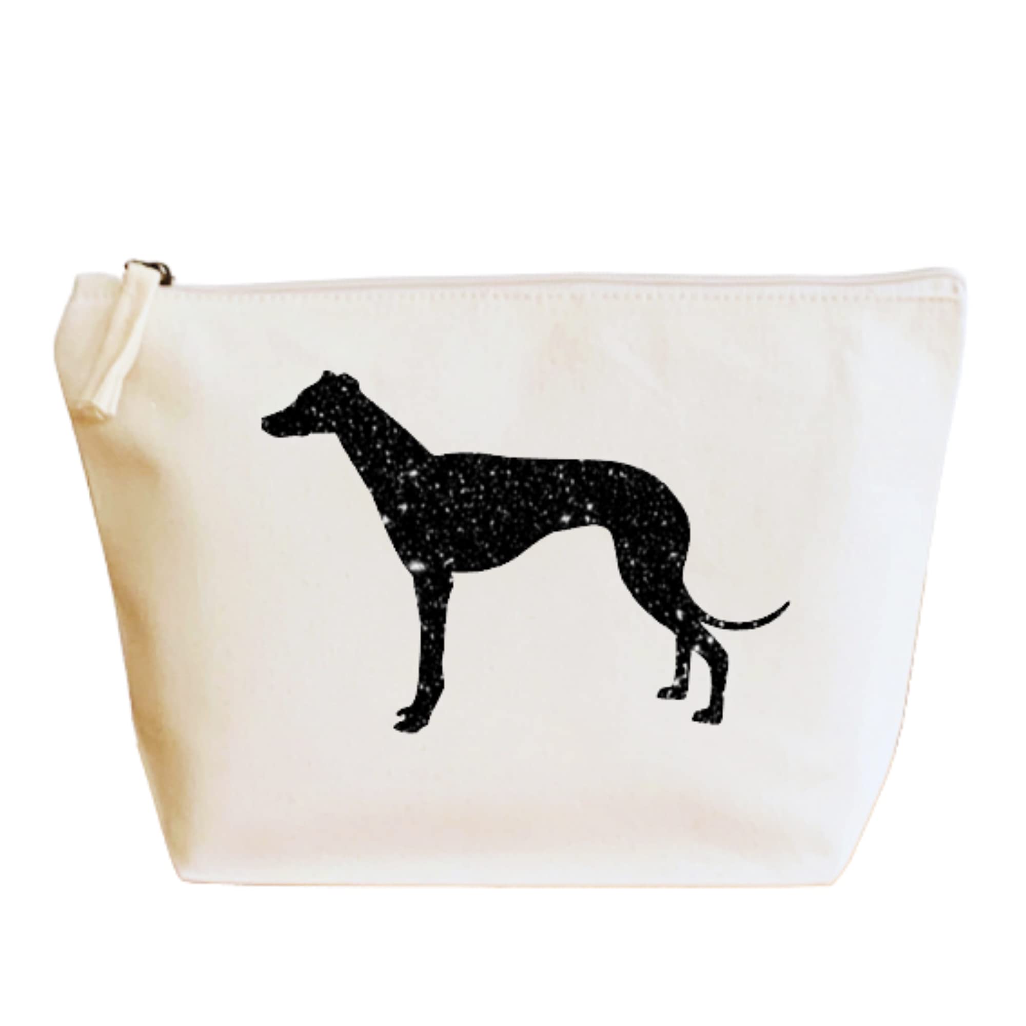 Greyhound Makeup Bag, Natural Cotton Canvas Cosmetic Pouch with Black Glitter Greyhound Design, Dog Lover Gift - Image 3