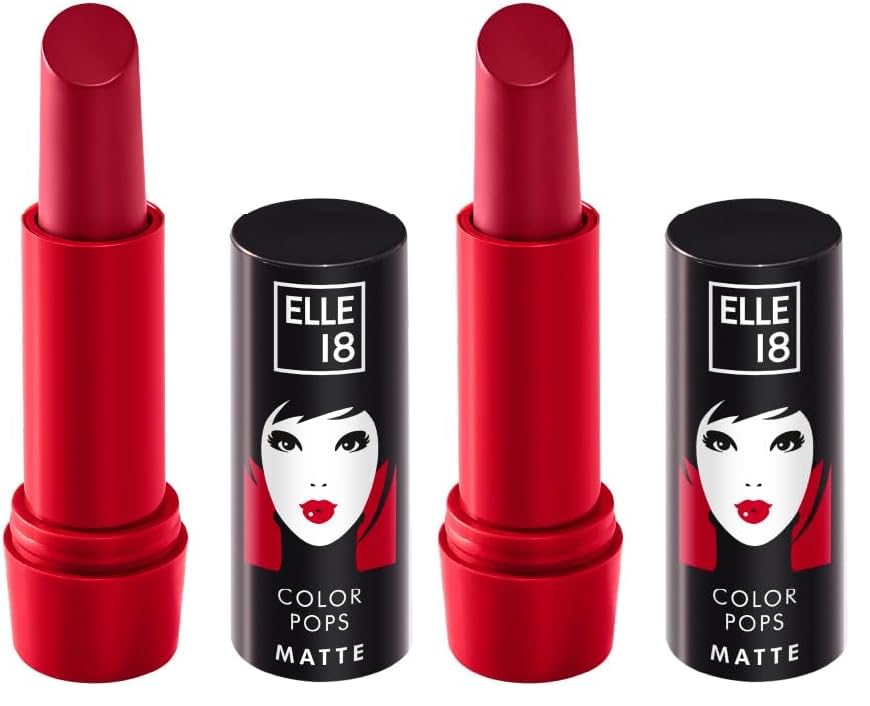 Image of Elle 18 Color Pops Matte Lipstick, Maroon Silk, Moisturising Bullet Matte, with Vitamin E, Highly Pigmented, Infused with Jojoba Oil and Shea Butter | 4.3 g (Pack of 2)