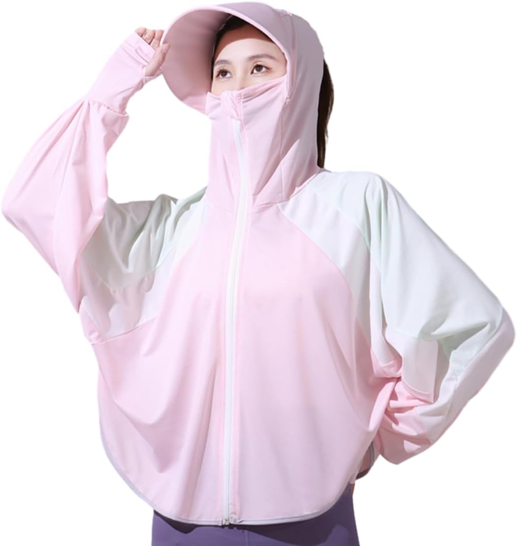 Woman Sun Protection Hoodie Jacket Lightweight UPE50+ Sun Blocking Coat with Pocket Long Sleeve Cotton Shirt Hiking Outdoor with Face Mask (Fit 40-65kg)