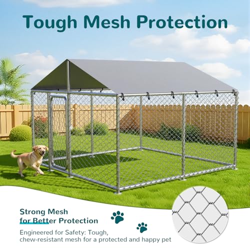 7.8\'x7.8\' Outdoor Dog Kennel, Heavy-Duty Dog Run with Wire Mesh Fence, Lock & Waterproof Cover for Large Dogs