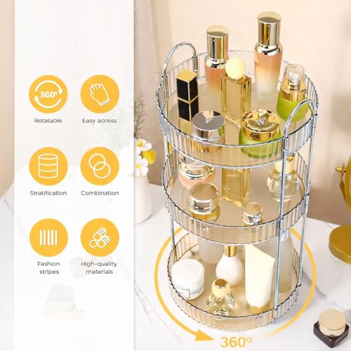 Image of JD FRESH 360 Degree Rotating Makeup Organizer 3 Layer Cosmetic Storage Box Vanity Stand with Drawers for Lipsticks Skincare Perfume Bathroom Countertop Dressing Table Organizer (Light Gold)