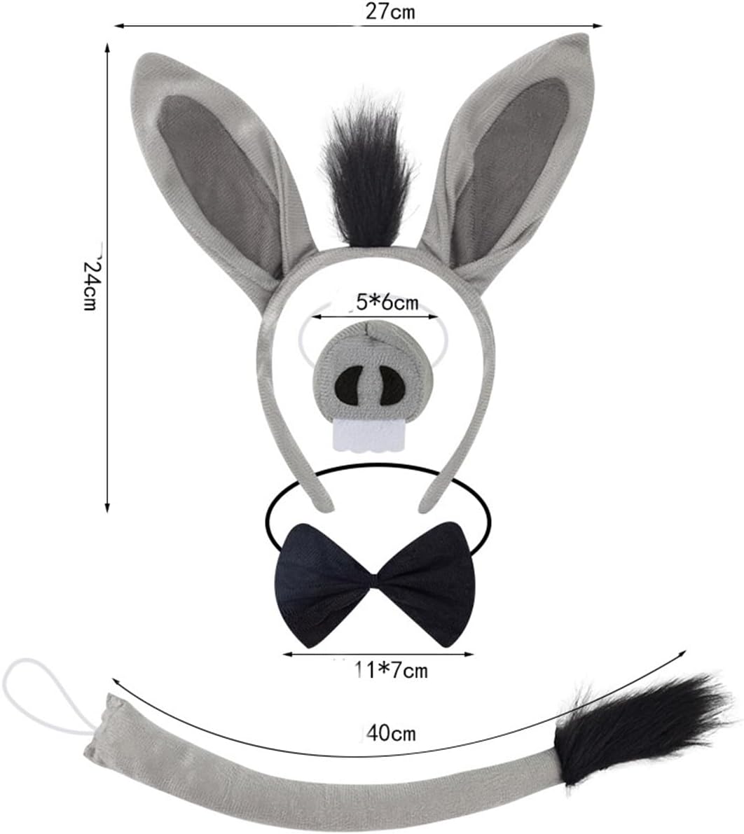 Kirei Sui 4-Piece Funny Donkey Costume Set with Ears Headband Bow Tie Tail Nose Halloween Dress Up for Kids & Adults