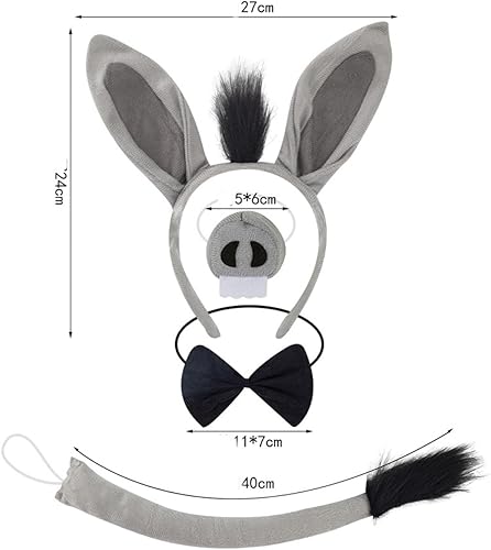 Miniatura 2 de Kirei Sui Diadema de burro para niños, con pajarita, cola y nariz, 4 piezas