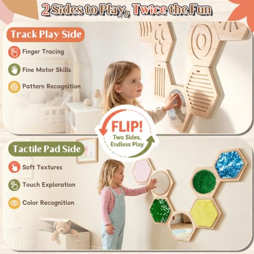 Image of 13-Piece Wooden Sensory Wall Panel Set with Double-Sided Activities,Hexagon | Double-Sided Tactile Boards with Interchangeable Texture Pads,Fine Motor & Finger Tracing Paths