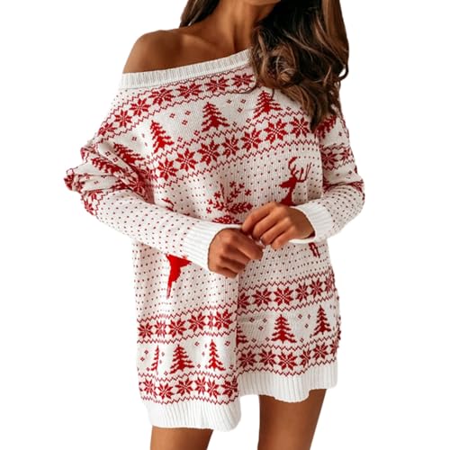 Strickkleid Mit V Ausschnitt Damen-Weihnachtspullover, gestrickt, Rundhalsausschnitt, Lange Ärmel, übergroß, Dicker Pullovermantel Damen Kleid...