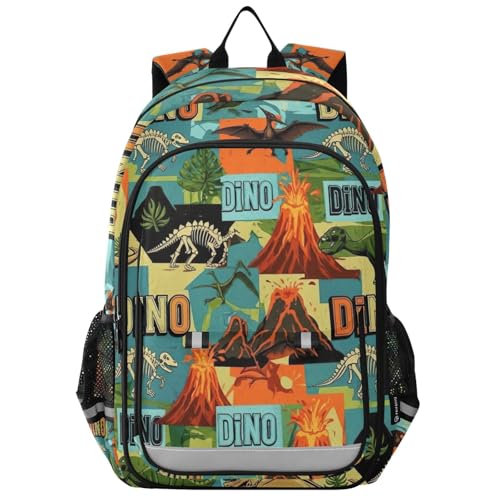 Kids School Backpack for Boys Girls, Retro Dinosaur S Large Girls Backpack with Chest Strap, 6-12 Y School Bag with Front Flap, 17 Inch