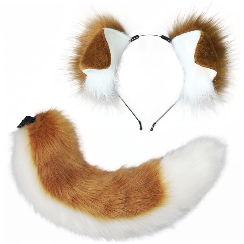 Furry Ears And Tail 2-piece Adjustable Set, Dark Camel & White, 21.6" Tail