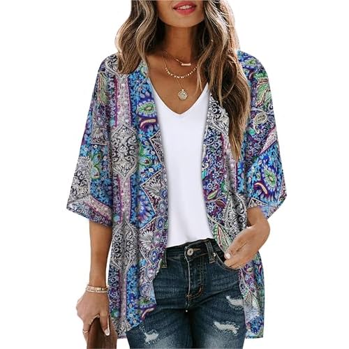 Women's Floral Print Puff Sleeve Kimono Cardigan Loose Cover Up Casual Blouse Tops 2026
