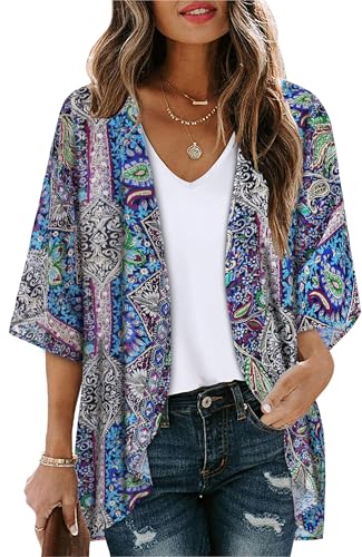 Image of Women's Floral Print Puff Sleeve Kimono Cardigan Loose Cover Up Casual Blouse Tops 2026