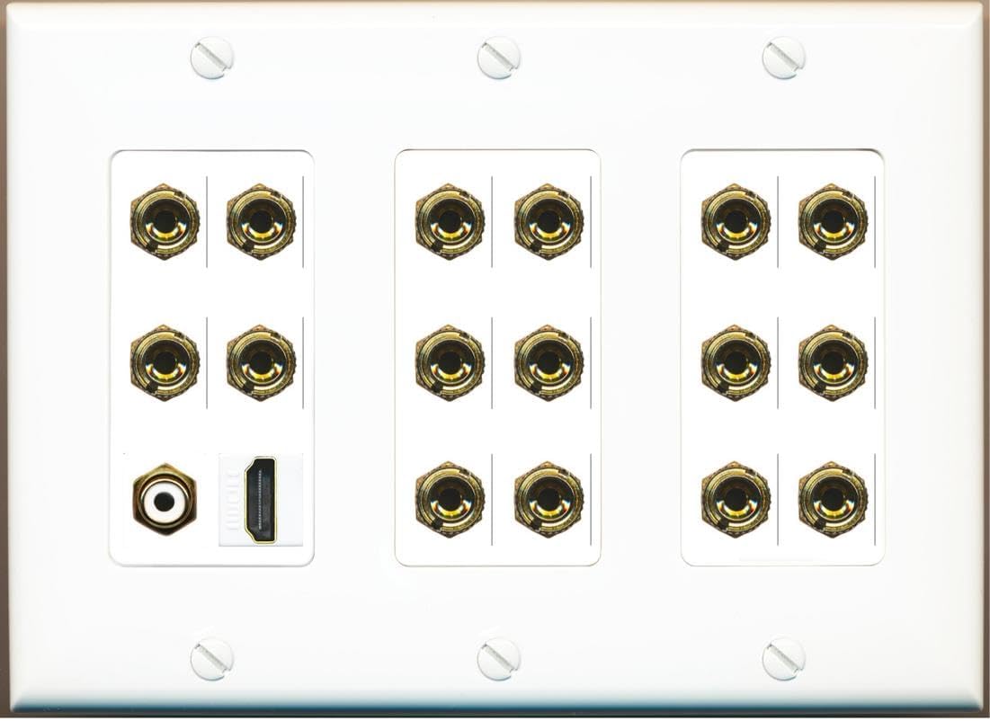 3 Gang 8.1 Surround Sound Speaker Banana Wall Plate with HDMI and RCA Female to Female Connectors - Black