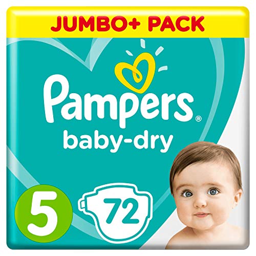 Pampers Baby-Dry tamaño 5, 72 pañales, 11-16 kg, paquete Jumbo+, canales de aire para una sequedad transpirable durante la noche