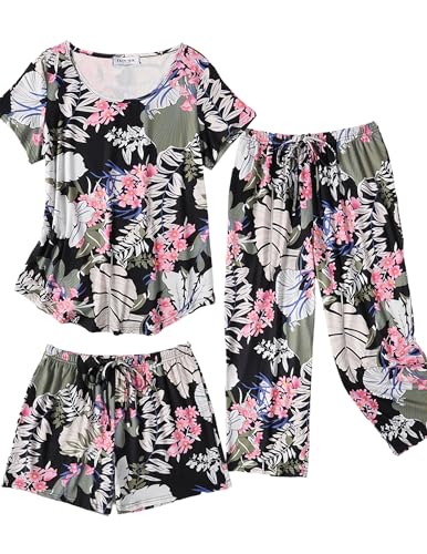Image of Ekouaer 3 PCS Capri Pajamas for Women Set Short Sleeve Pajama Lounge Sets | Floral Pj Sets Top and Capri Pants Soft Comfy Sleepwear with Pockets for Home, Daily Wear for Mom, Wife, Grandmother