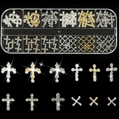 ZUMILLMN 3D Cross Nail Charms 90pcs Cross Nail Decorations for Nail Art Pearl Gems Diamond Nail Decor Metal Alloy Crystal Rhinestones Nail Studs for Women Girl DIY Jewelry Cellphone Crafts90pcs