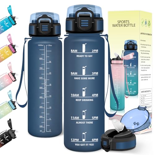 Baramumu Gourde 1l, Anti-Fuite, Gourde Sport, avec Paille, Bouteille, avec Marqueur de Temps, Bouteille d'eau, Réutilisable, pour Fitness, Yoga, Sport, Camping, Gym, Travail, Bleu Foncé