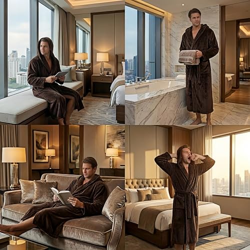 Image of FashGudim Mens Robes Big and Tall with Hood Two-Tone Flannel Fleece Contrast Bathrobe Full Length Plush Long Robe House Coat