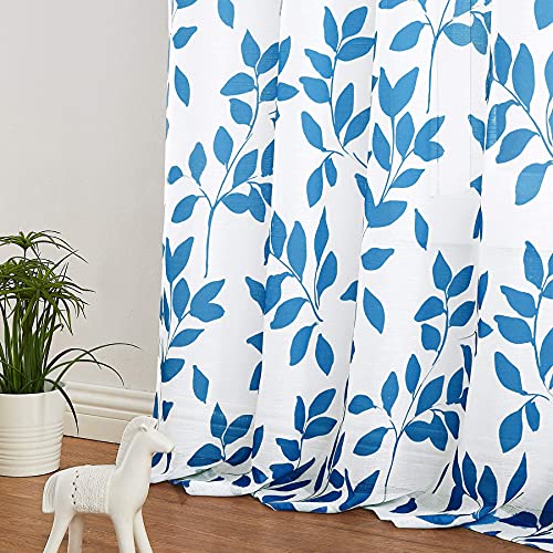 Image of Blue White Sheer Curtains for Living Room Print Leaves Botanical Semi-Sheer Drapes for Men's Boys' Bedroom Apartment Dorm 95inches Long Light Filtering Navy Leaf Window Treatment Sets 1 Pair