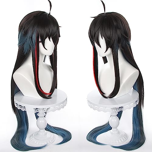 Image of Anime Black Blue mixed Red Wigs Men Long Straight Wig with Ahoge Bangs Layered Haircut Adult Game Dragon Lunae Cosplay Wigs Halloween,Christmas,Comic con,Game Show,Party