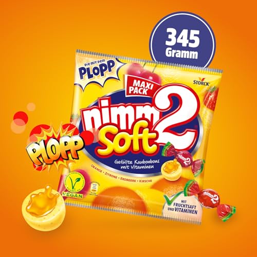 nimm2 soft – Kleine Bonbons mit flüssiger Fruchtsaftfüllung und Vitaminen zum Naschen für Kinder und Erwachsene – (1 x 345g Beutel)