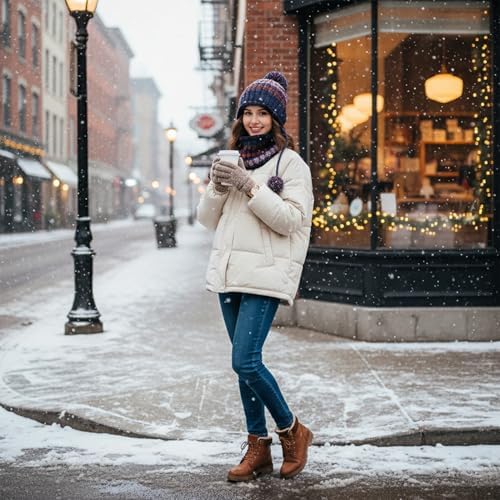 HUAMULAN 2 Piece Set Women Winter Beanie Hat Circle Scarf Set Ski Ear Flaps Caps Dual Layered Fleece Lined Pompoms — view 7