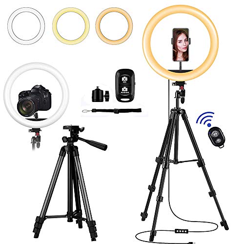 12 LED Selfie Ring Light with Tripod Stand - Cellphone Holder for Live Stream/TIK Tok/YouTube/Facebook/Vlogging Photo & Video Shoot. Dimmable Light for Image Enhancement - Bluetooth Remote.