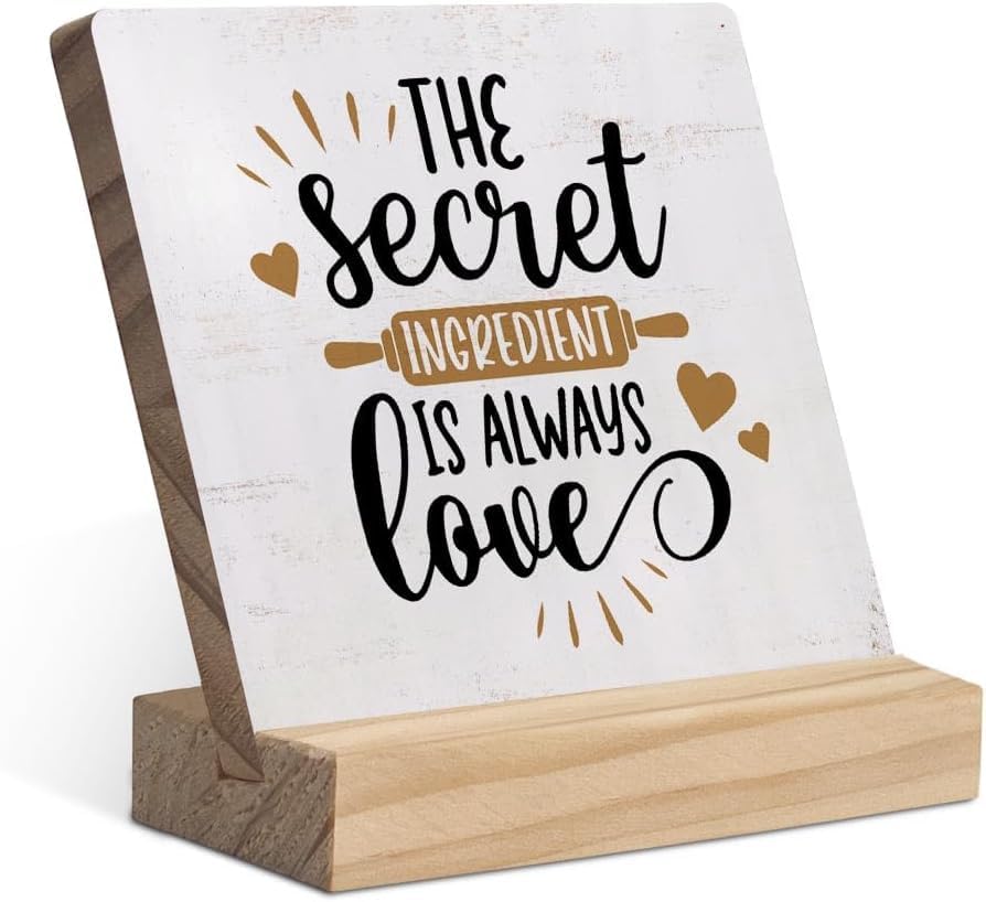 Sarvada Decor The Secret Ingredient is Always Love Wood Plaque with Wooden Stand,Rustic Kitchen Wooden Plaque Sign Desk Decor for Home Kitchen Table Shelf Decoration-image-10