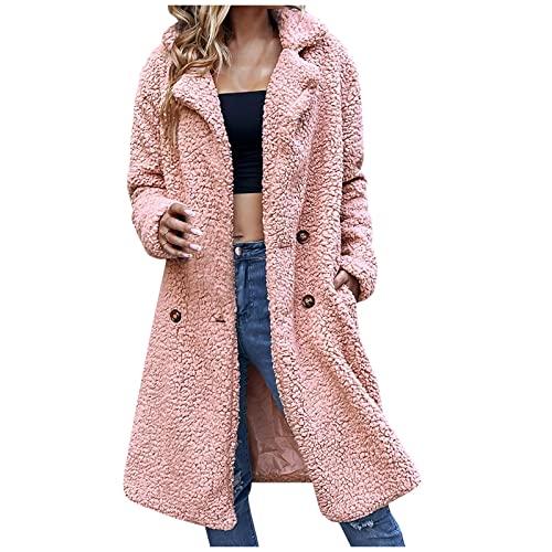 Fluffy Jacket, Fur Coats For Women Leather Shacket Tan Vest Long Women's Mid-Length Double-Breasted Pocket Lapel Wool Cardigan Lambswool Windbreaker Jacket Faux Cardigan Cropped (S, Pink) #TOP25