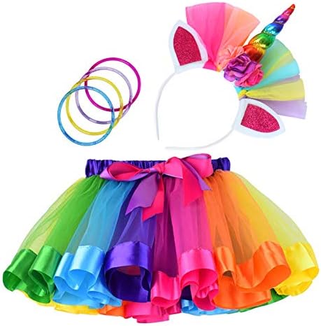 Cocojeci Little Girls Layered Rainbow Tutu Skirts with Wings Unicorn Headband and Bracelets