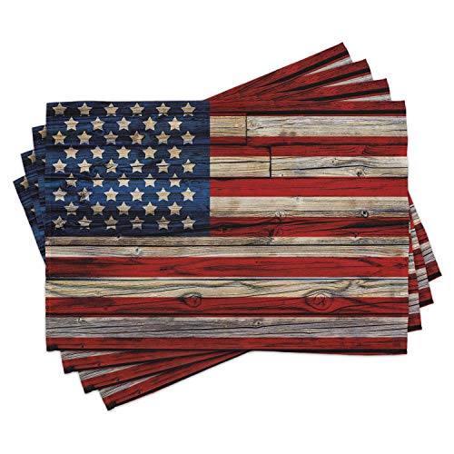 Ambesonne 4Th Of July Place Mats Set Of 4, Wooden Planks Painted As United States Flag Patriotic Country Style, Washable Fabric Placemats For Dining Table, Standard Size, Red Beige #TOP14