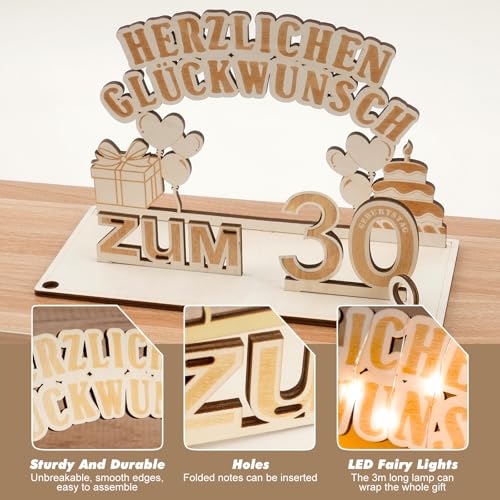 30. Geburtstag Frau Mann, Geldgeschenke Holz mit LED Lichterkette, Geschenk zum 30 Geburtstag Mann Frau, Geschenkideen zum 30, Herzlichen Glückwunsch