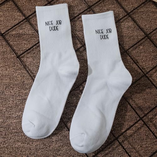 Mid-Calf Socks - Streetwear Letter Print Athletic Ankle Socks Cushioned No Show For Men Women Running, Fashionable Hip-Hop Style for Couples (Nice Job Dude)