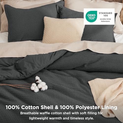 Image of Bedsure Waffle Comforter Set Queen, Charcoal Soft Bedding, Waffle Weave Bed Set, 3 Pieces, 1 Comforter (90 inchx90 inch) and 2 Pillow Shams, Cotton Shell and Polyester Lining for All Seasons