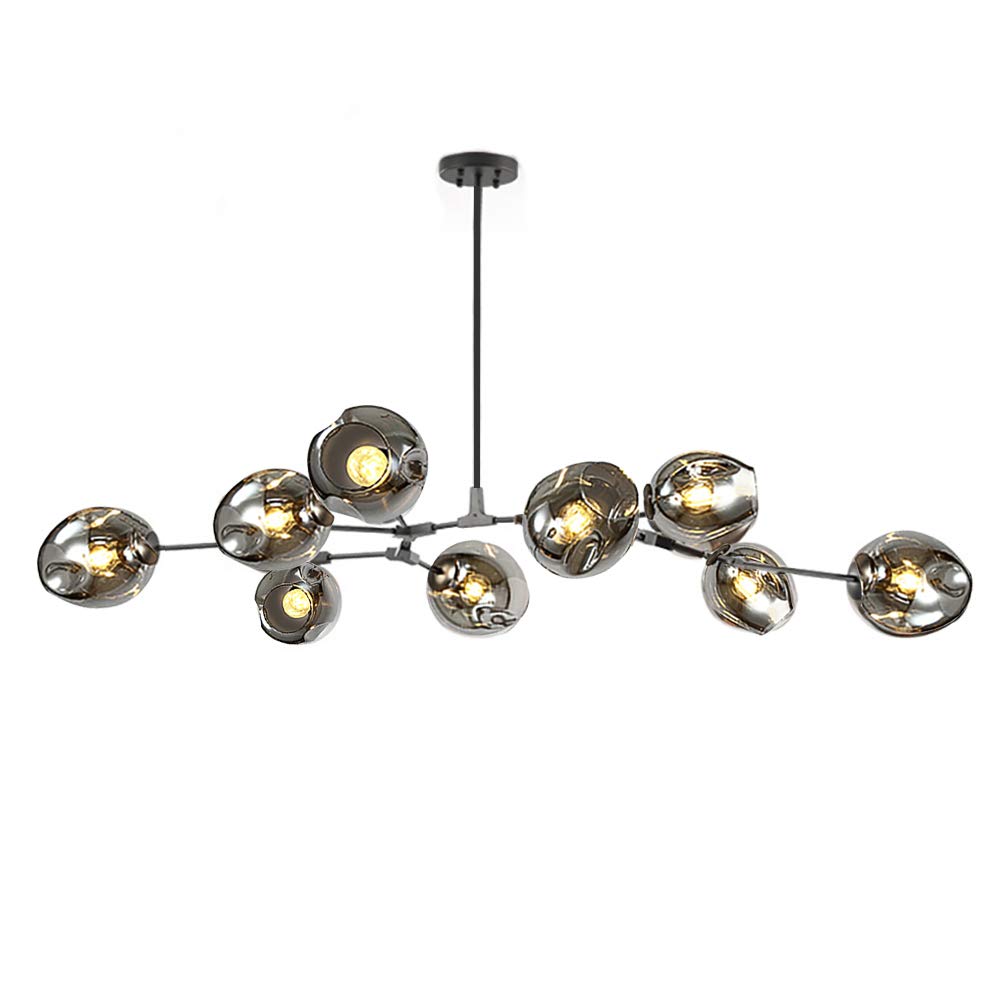 CSXSXAUO Adjustable Height Matte Black Chandelier | Nordic Glass Ball Pendant Light E26 Mid Century Globe Fixture Hand-Blown Branches Electroplated Soot Finish