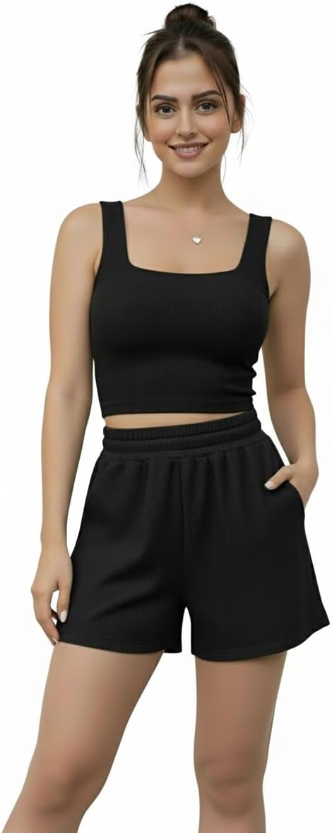 Square Neck Button & Shorts Co-ords Set Up Knitting Lycra Fabric for Girl, Sleeveless Solid Tank Top, Western Stylish Crop Top & Shorts for Women, Top for Summer