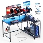 Bestier Gaming Desk with Power Outlets, 42" L-Shaped Gaming Desk with LED Lights, Desk with Reversible Storage Shelves & Hooks for Small Spaces, Bedrooms & Offices, Black Carbon Fiber