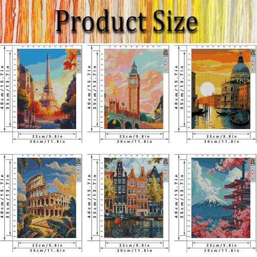 Image of 6 Pack Stamped Cross Stitch Kits for Adults - Cross Stitch Kits for Beginners,11 CT Famous Cityscape Cross Stitch Patterns Dimensions DIY Counted Cross Stitch Kits for Adults Arts Craft 12x16 inch