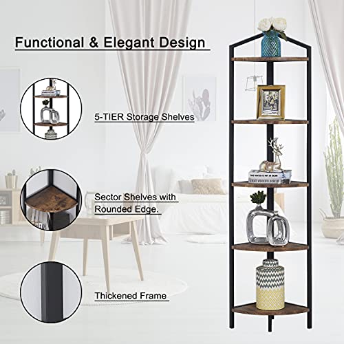 Oiahomy Corner Shelf 70 Inch Tall Bookcase 5- Tier Industrial Corner Bookshelf Corner Ladder Shelf Small Bookshelf Rustic Plant Stand Rack Freestanding -Rustic Brown #TOP5