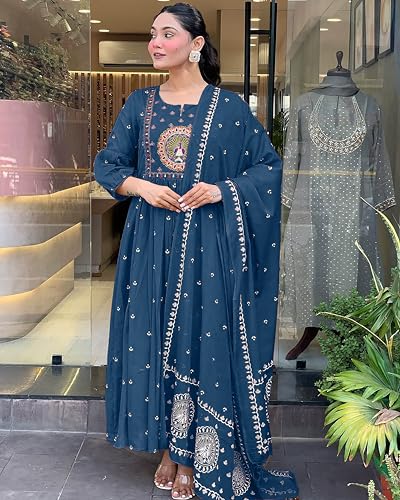 Image of KLOSIA Women Rayon Printed Anarkali Kurta Set with Dupatta