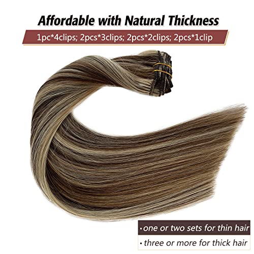 Remy Clip In Hair Extensions Blonde With Brown Balayage Clip Ins Extensions Human Hair Silky Straight 15 Inch Short Clip On Extension Blonde Highlights On Brown Hair 70Gram(#4/613) #TOP5