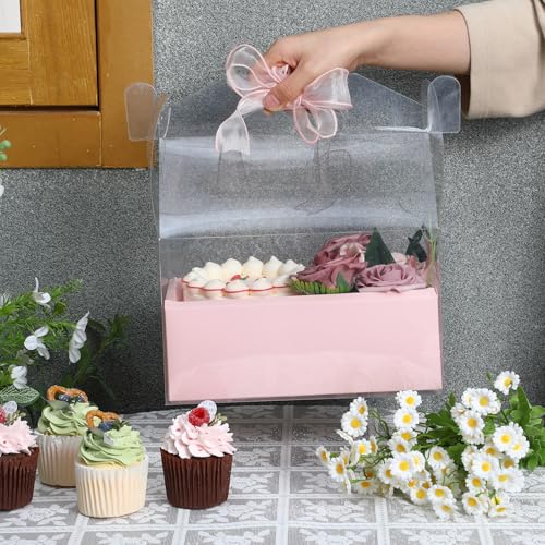 Honeydak 10 Pcs Cake and Flower Clear Boxes with Handle Ribbon Cajas Para Arreglos Florales Portable Transparent Gift Packaging for Holiday Wedding Birthday Party Supplies(Regular,4 Inch,Pink) by Honeydak - Used condition - Image 4