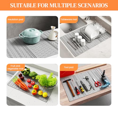 Image of Supvox Kitchen Dry Mat Triple Fold Silicone Utility Mat Grooved Surface Dry Mat Dishes Drain Mat Heat Resistant Countertop Protector Mat Anti-slip Silicone Table Mat with Hanging Hole, 24x16in